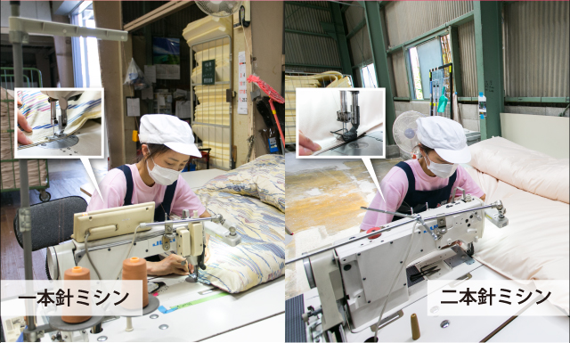 開口部分を縫い合わせます。当社では1本針ミシンと2本針ミシンの2台を使用しています。この時、角まで綿が入るように整形しながら縫っていきます。