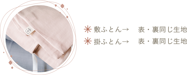 敷ふとん→表・裏同じ生地 掛ふとん→表・裏同じ生地