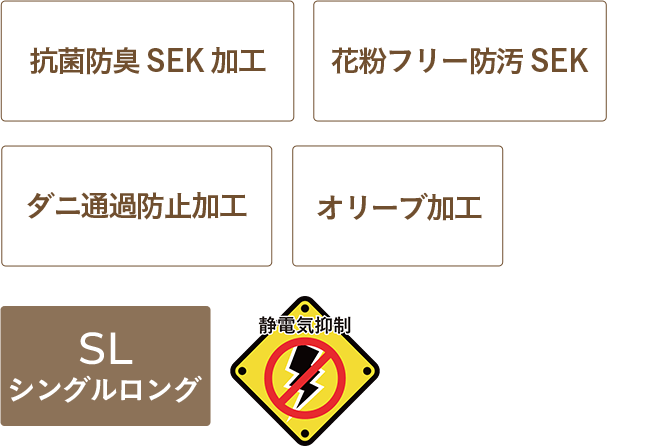 抗菌防臭SEK加工、花粉フリー防汚SEK、ダニ通過防止加工、オリーブ加工、シングルロング、静電気制御