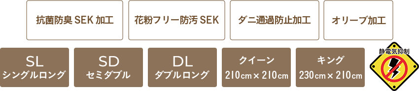 抗菌防臭SEK加工、花粉フリー防汚SEK、ダニ通過防止加工、オリーブ加工、シングルロング、セミダブル、ダブルロング、クイーン120cm✕210cm、キング230cm✕210cm、静電気制御